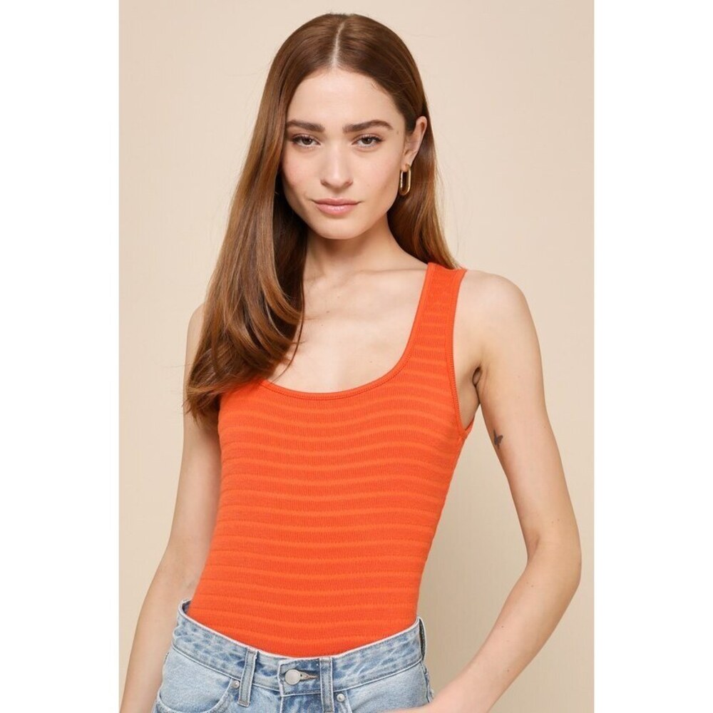 NEW Lulus Flattering Moment Orange Textured Knit Bodysuit - Size S